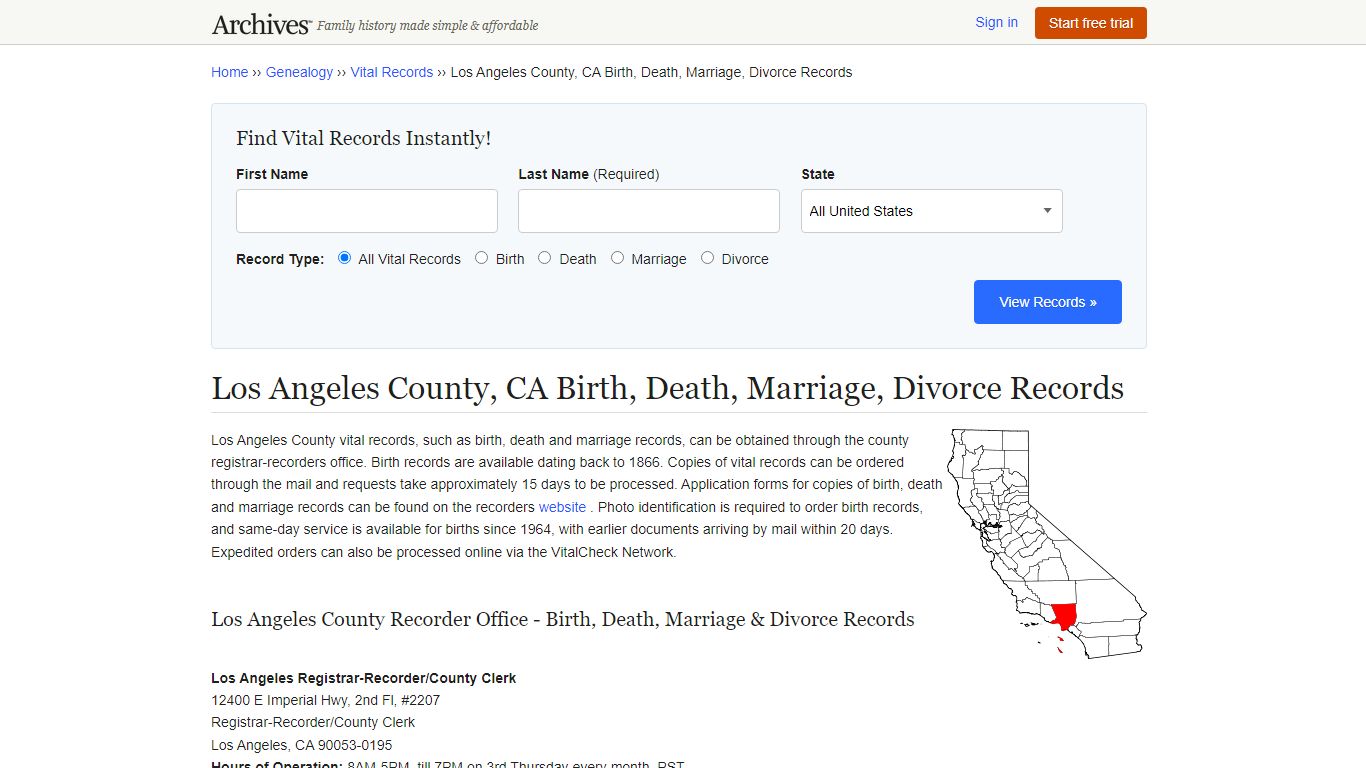 Los Angeles County, CA Birth, Death, Marriage, Divorce Records